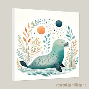 Aranyos kis fóka illusztráció akvarell – bájos falikép gyerekszobába 40x40cm