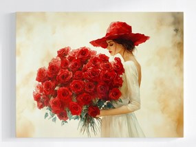 Canvas Vászonkép Nő Piros Kalapban Rózsákkal 80x60