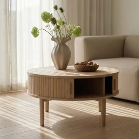 Világos natúr színű kerek dohányzóasztal tölgyfa dekorral ø 85 cm Meta – Unique Furniture