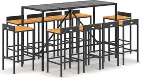 vidaXL 11 részes fekete polyrattan és tömör akácfa kerti bárszett