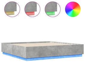 betonszürke szerelt fa ágykeret LED-világítással 200 x 200 cm