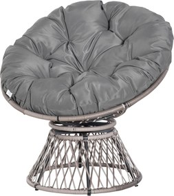 Outsunny Műratán Forgós Papasan Szék Ovális Wicker PE Szék Párnával és Acél Kerettel, 160 kg Teherbírás, Kert, Terasz 87x97x86 cm Szürke | Aosom