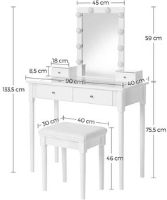 fésülködőasztal szett, 90 x 133,5 x 40 cm, fehér