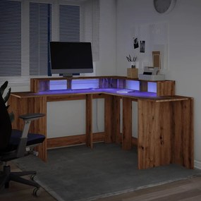 kézműves tölgy színű szerelt fa LED-es íróasztal 152x152x91 cm