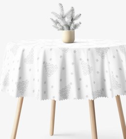 Goldea karácsonyi kör alakú viaszosvászon terítő - ezüstszínű karácsonyfák és csillagok Ø 120 cm