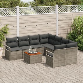 9 darabos kertibútor szett párnákkal szürke poli rattan akáciával, 2 fős kertibútor tárolóval és párnákkal szürke poli rattan