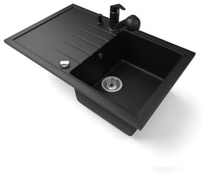 Gránit mosogató NERO Eris + kihúzható zuhanyfejes Shower csaptelep + adagoló + dugókiemelő (matt fekete)