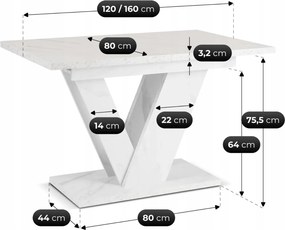 Bővíthető étkezőasztal 120–160 cm fehér márvány hatású kivitelben - CLARK