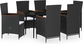 vidaXL 7 részes fekete kerti étkezőgarnitúra párnákkal