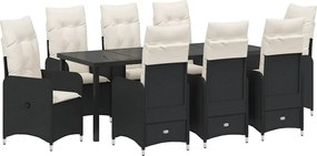 vidaXL Kert étkező szett párnával 9 pcs Fekete polirattan