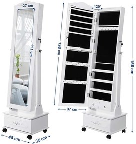 Tükrös ékszerszekrény kerekekkel és LED világítással, zárható, fehér