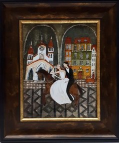 Vászonkép 30x35cm Csempék keretben (kerámia) Ifjú pár (lovas)