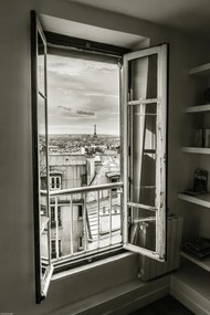 Poszter 30x45cm Az Eiffel-torony a Montmartre 3 lakás ablakán keresztül látható,