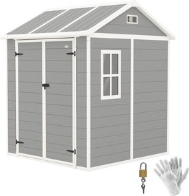 Outsunny Kerti Szerszámtároló, Időjárásálló Fa Hatású Felülettel, 2.91m² Kerti Sátor, Dupla Ajtókkal és Zárral, Dőlt Tetővel, 181x181x220cm, Szürke |