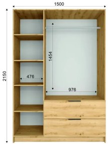 VISTA gardróbszekrény tükörrel, 150x215 cm, artisan tölgy/grafit