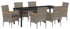 7 részes Kerti Étkezőszett Párnákkal Szürke Poly Rattan