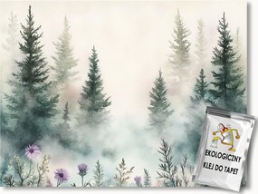 Fotótapéta Flizelina Erdő Fák Lucfenyő Köd Tisztás Bogáncs 200x140 ragasztó