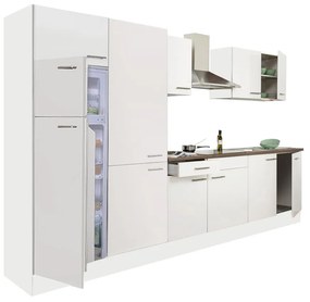 Yorki 330 konyhablokk fehér korpusz,selyemfényű fehér fronttal polcos szekrénnyel és felülfagyasztós hűtős szekrénnyel