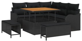 8 részes kerti kanapészett párnákkal, fekete poly rattan akác