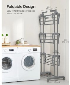 összecsukható 4 szintes ruhaszárító állvány, mozgatható, 64 x 126 x 172 cm, rozsdamentes acél, lehajtható szárnyakkal, szürke