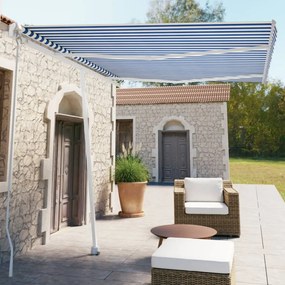 kék és fehér kézzel kihúzható póznás napellenző 350 x 250 cm