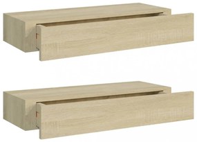 2 db tölgyszínű MDF falra szerelhető fiókos polc 60x23,5x10 cm