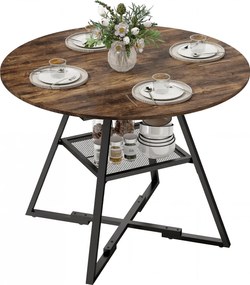 HOMCOM kerek étkezőasztal 4 személyes, Ø 100 cm x 76 cm, ipari stílusú konyhai asztal nagy asztallappal és tárolópolccal, fém váz, rusztikus barna | A