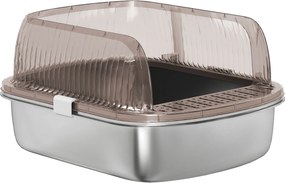 PawHut Extra Nagy Fedeles Macskaürülék Tálca Rozsdamentes Acél Kivitelű Magas Oldalakkal, Kéményes és Szagmentes Homokesési Területtel, Könnyű Tisztít