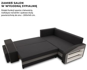 Grande sarokkanapé polcokkal és puffokkal , polc a jobb karfaban puffok a bal karfaban, jobboldali, szövet anyag, bonell töltet, fekete - szürke