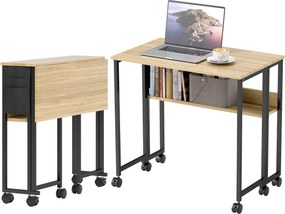 HOMCOM Összecsukható Íróasztal Kerekeken, Számítógépasztal 80 x 50 cm Polccal és Tárolótáskával, Tanulóasztal Otthoni Irodába, Hálószobába, Kis Terekr