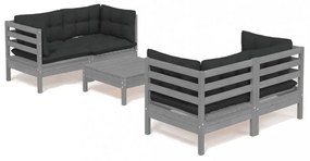 5 részes fenyőfa kerti ülőgarnitúra antracitszürke párnákkal