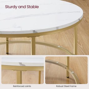 Kerek műmárvány nappali asztal tárolós polccal, modern stílusban, 80 cm átmérő