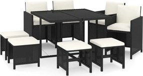 vidaXL 9 részes fekete polyrattan kerti étkezőgarnitúra párnákkal