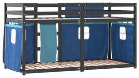 kék tömör fenyőfa emeletes ágy függönyökkel 90 x 200 cm