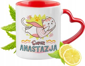 Piros bögre szív alakú füllel Anasztázia számára Ajándék