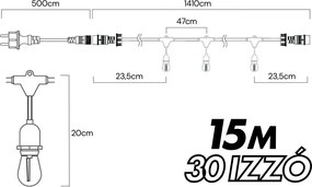 Kültéri fényfüzér kerti égősor girland 15m - 30db izzó + távirányító | Sorolható IP44 E27