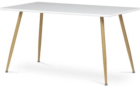 Masă de sufragerie 140x80, MDF, blat alb mat, picioare metalice de culoare stejar