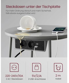 Kerek dohányzóasztal usb töltő porttal, kis asztal aljzattal, szürke-palaszürke