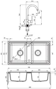 Deante Zorba, gránit mosogató 780x435x180 mm B / O + helytakarékos szifon, 2 kamrás + Nemezja csaptelep, grafit, ZQZA2203
