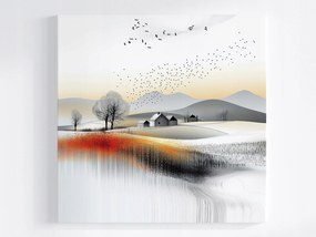 Vászonkép Canvas Tájkép Hegyek Dombok Falu Mezők Virágok Madarak 80x80