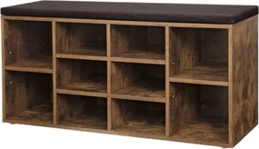 GABI cipősszekrény párnázott ülőkével, 10 rekesz, 104x30x48cm, fekete/sötét barna Vasagle