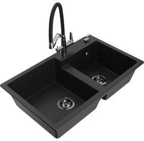 Mexen Tomas gránit kétmedencés mosogató konyhai csapteleppel Duo, fekete - 6516-77-671701-07-B