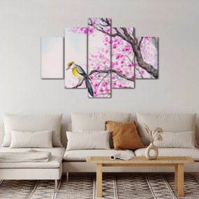 Kép - Madár egy fán rózsaszín virágokkal (150x105 cm)