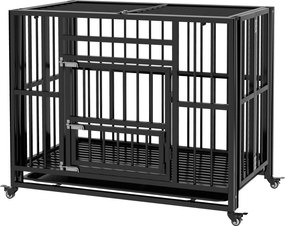 PawHut Kutya Ketrec, Állatketrec, Összecsukható Kutya Ház Kicsi és Közepes Kutyák Számára, Kutya Ketrec Két Ajtóval, Kerekekkel, Acél, Fekete, 94 x 58