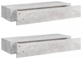 2 db betonszürke MDF falra szerelhető fiókos polc 60x23,5x10 cm