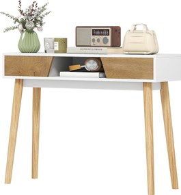 HOMCOM Keskeny Konzoltábla Előszoba Konzol Modern Kanapé Asztal 2 Fiókkal és Nyitott Rekesszel, Fa Lábakkal Előszobában, Nappaliban vagy Hálószobában