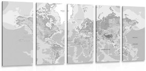 5-részes kép hagyományos világ térkép fekete fehérben