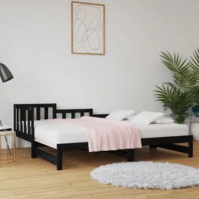 fekete tömör fenyőfa kihúzható kanapéágy 2x(90x190) cm