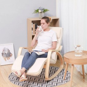 Hintaszék állítható lábtartóval és nyírfa karfákkal, pamuthuzatos relaxfotel, 150 kg teherbírás, bézs és natúr