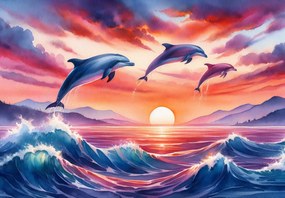 Fotótapéta - Delfinek naplementében (147x102 cm)